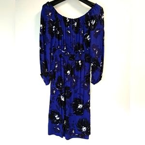 A New Day Dress Medium Blue Black Floral Boho Off Shoulder Long Sleeve Midi NWOT